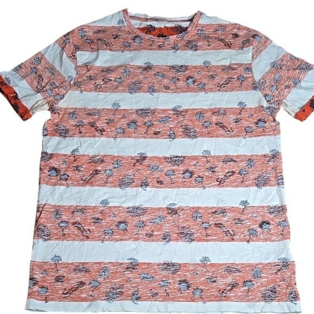 Point Zero Striped Cotton Crew Neck Tee, Casual Tropical, Orange‎ White, Large